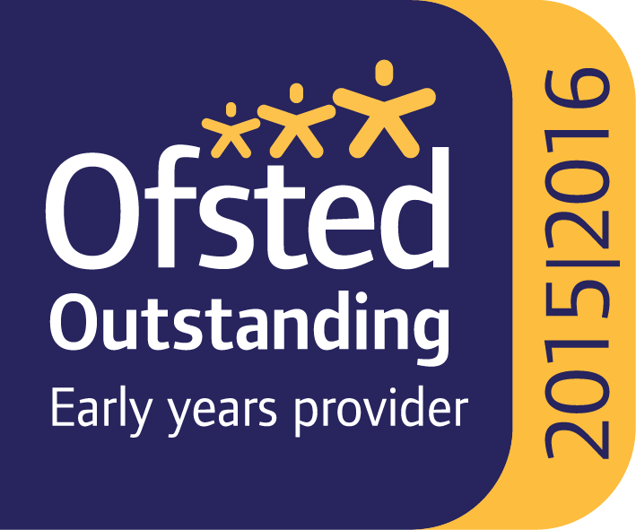 Image of the official Ofsted logo used to indicate an outstanding level. It has a deep blue background, white writing and 3 yellow stars.